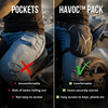 Comparison of having pockets versus a 'Havoc Pack' on a person sitting on a motorcycle.